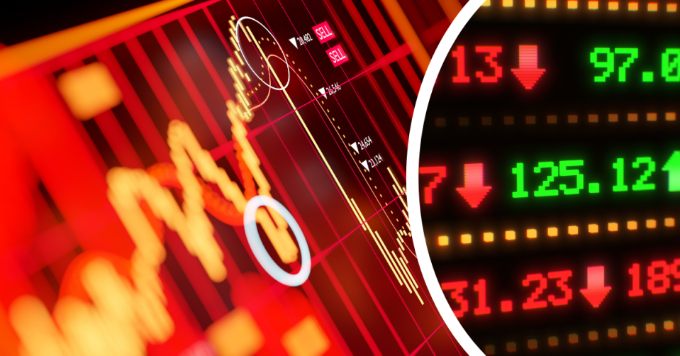 A red graph showing the 2020 stock market crash and a screen showing prices going up and down.