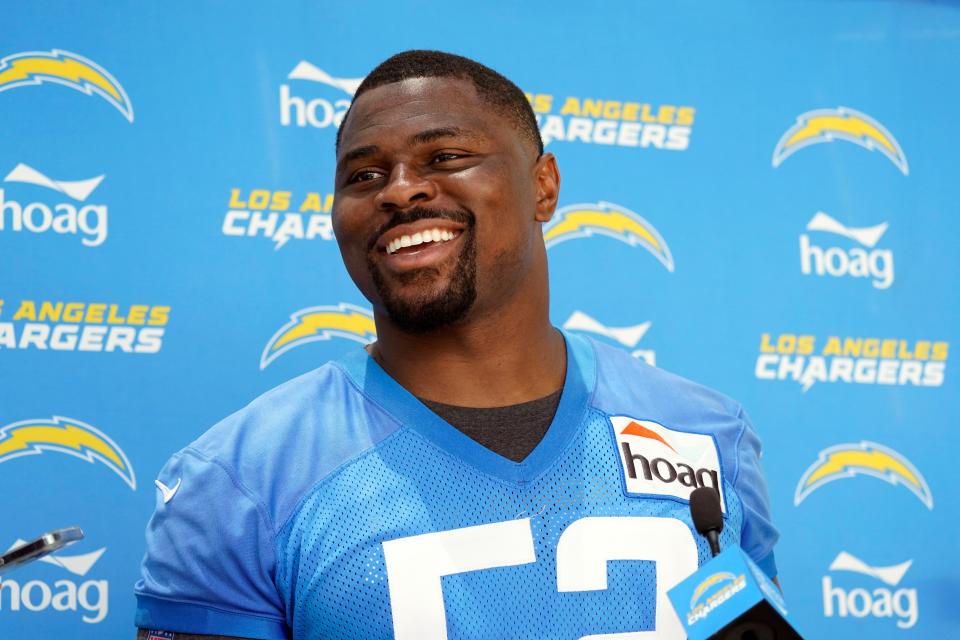 Los Angeles Chargers linebacker Khalil Mack answers questions at the NFL football team's practice facility, Tuesday, June 14, 2022, in Costa Mesa, Calif. (AP Photo/Marcio Jose Sanchez)