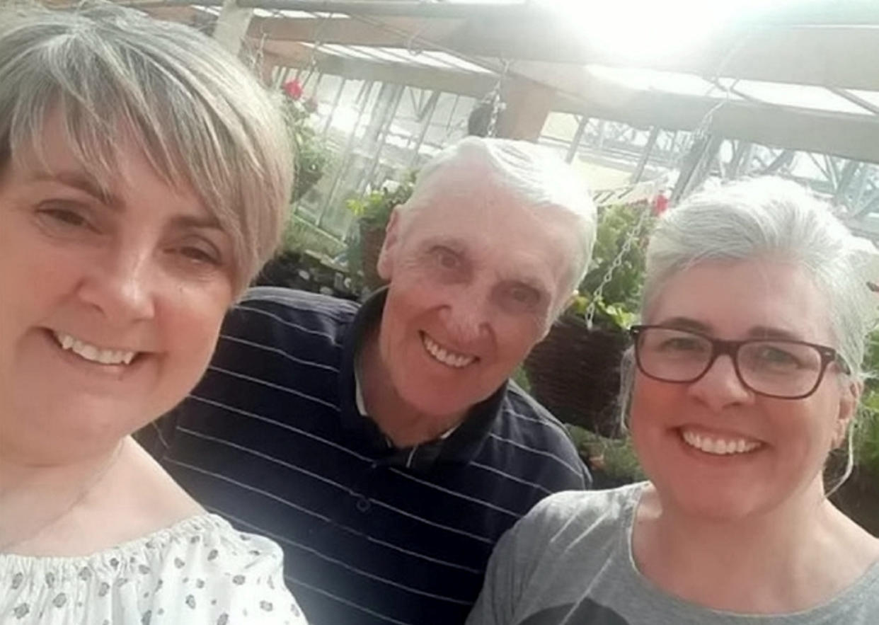 Leonard Gibson with his daughters Lisa (L) and Michelle (R) See SWNS story SWLEgibson. Leonard Gibson, aged 78, died in the Northern General Hospital this morning after being diagnosed with coronavirus last week. His devastated daughters, Lisa and Michelle, have taken the brave decision to speak out so soon because of fears over the speed at which coronavirus is now spreading. As of last night, 55 people had died from the illness in the UK, with Leonards death expected to be included in new figures due to be released this afternoon.