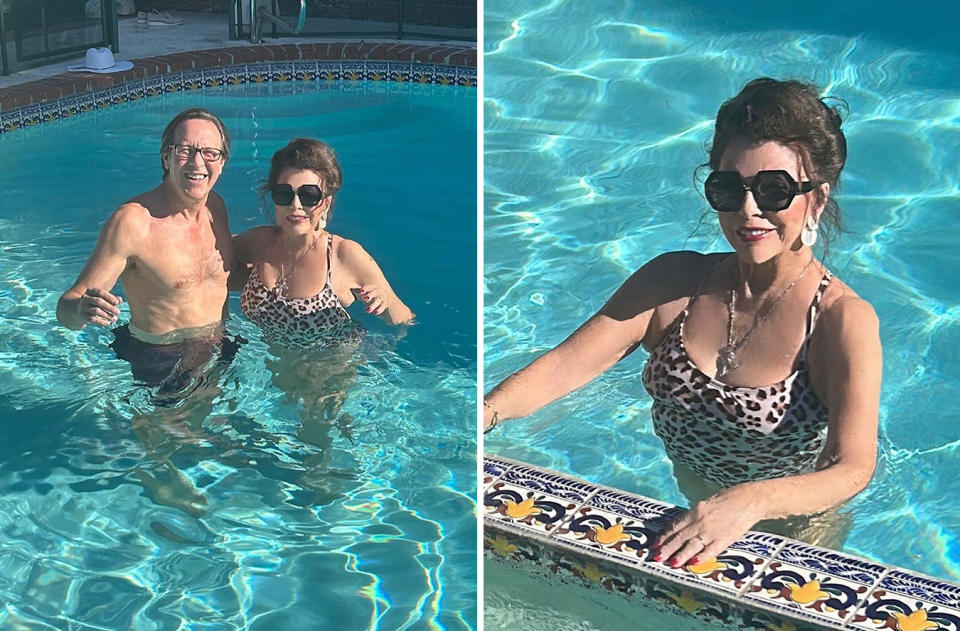 L: Joan Collins and her husband in a pool. R: Joan Collins in a leopard print swimsuit in a pool