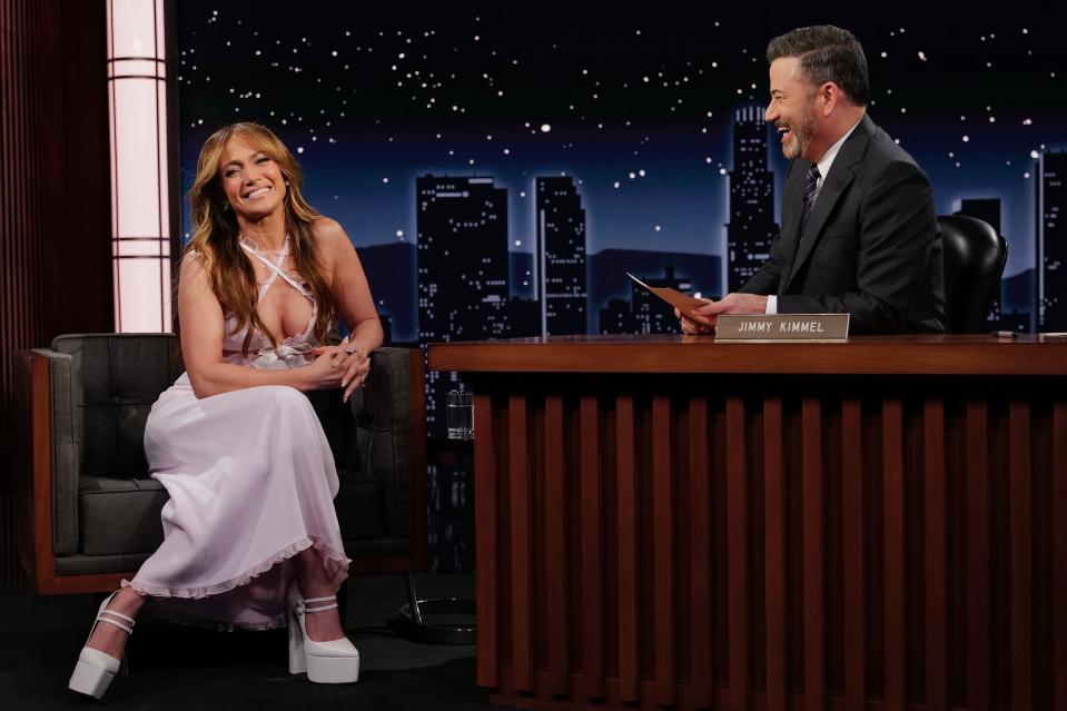 Jennifer Lopez and Jimmy Kimmel on the talk show "Jimmy Kimmel Live."