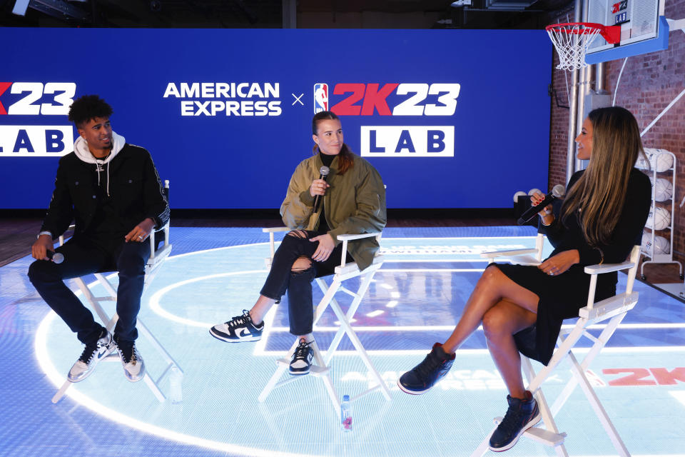 YouTuber Kris London, New York Liberty's Sabrina Ionescu, and NBA 2K's Alexis Morgan talking at American Express x NBA 2K23 Gaming Lab. 