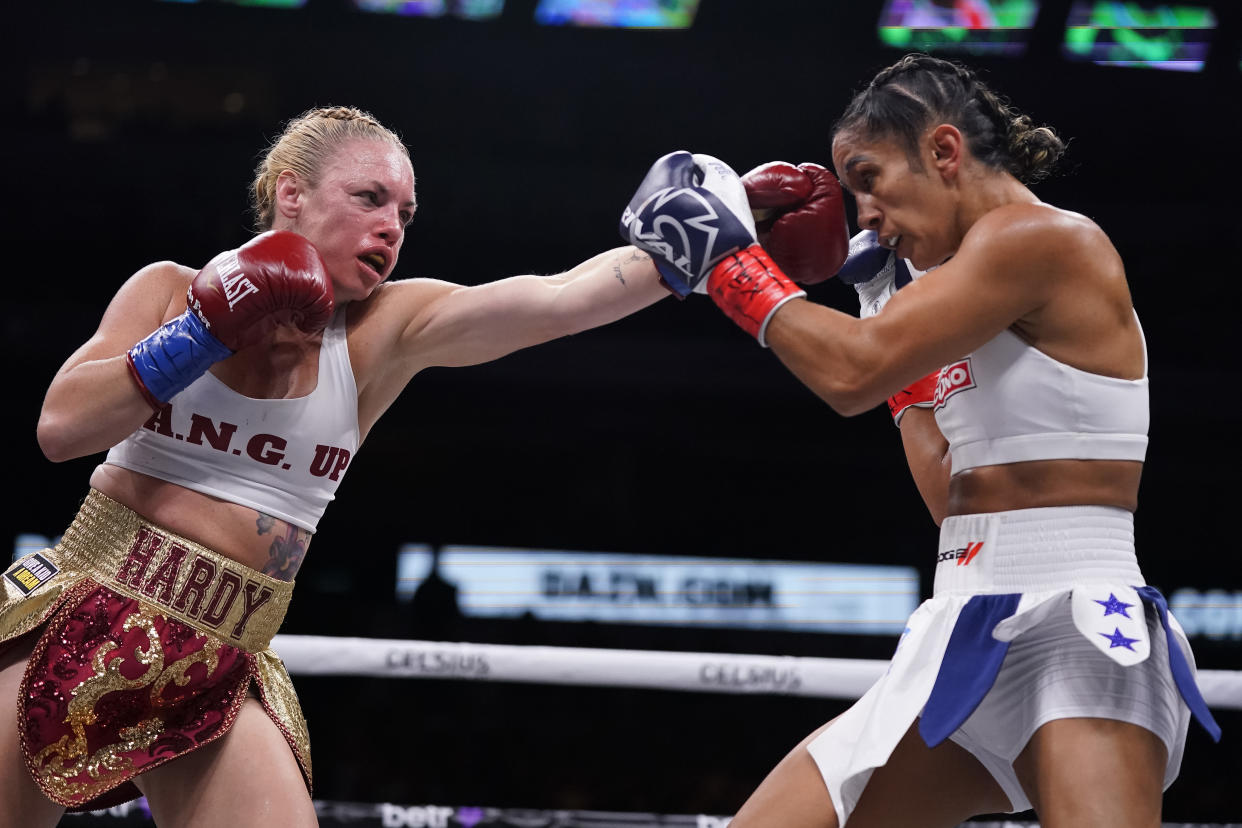 DALLAS, TEXAS - AUGUST 05: Heather Hardy throws a left at Amanda Serrano during the second round of their fight at the American Airlines Center on August 05, 2023 in Dallas, Texas. (Photo by Sam Hodde/Getty Images)