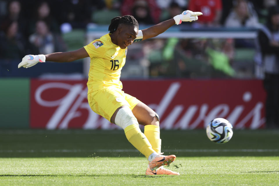 Nigeria's goalkeeper Chiamaka Nnadozie kicks the ball downfield during the Women's World Cup Group B soccer match between Nigeria and Canada in Melbourne, Australia, Friday, July 21, 2023. (AP Photo/Victoria Adkins)