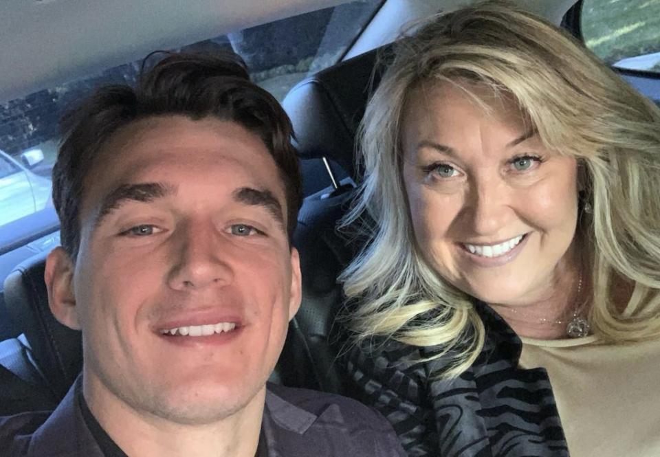 Tyler Cameron — pictured with his mom, Andrea, en route to the People's Choice Awards in November — reveals she died from a brain aneurysm. (Screenshot: Andrea Cameron via Instagram)