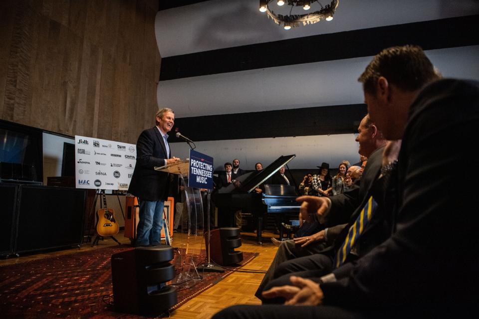 Tennessee Governor Bill Lee speaks about the benefits of the legislation to set protection for songwriters, performers from the misuse of A.I. in Nashville, Tenn., Wednesday, Jan. 10, 2024.