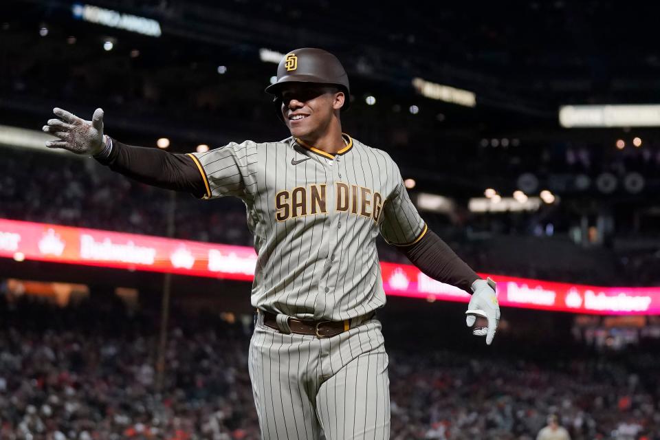 San Diego Padres' Juan Soto after hitting a two-run home run against the San Francisco Giants on Tuesday, Sept. 26, 2023. (AP Photo/Jeff Chiu)