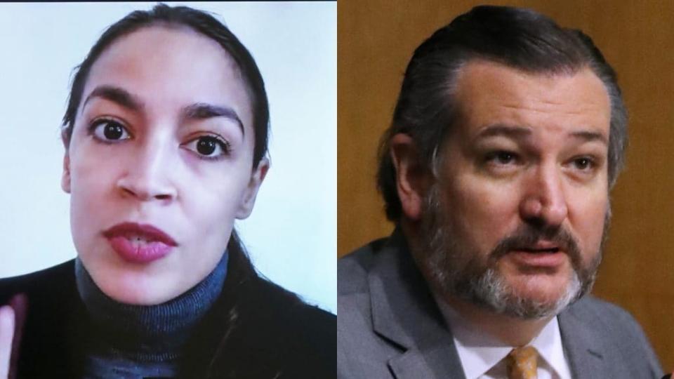 Democratic New York Rep. Alexandria Ocasio-Cortez (left) and Republican Texas Sen Ted Cruz (right) went at it on Twitter Thursday after her call for Cruz to resign. (Photos by Jim Lo Scalzo -Pool/Getty Images and Chip Somodevilla/Getty Images)