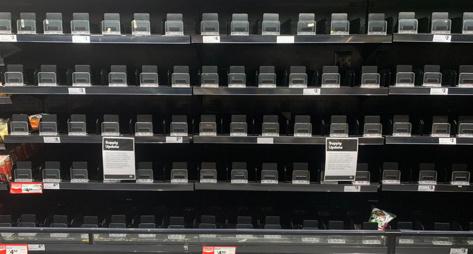 The odd bag of salad was visible on bare shelves at Leichhardt Woolworths on Monday night. Source: Supplied/ Yahoo News Australia