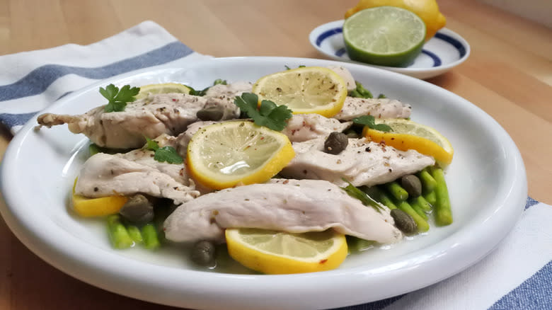 Poached chicken with lemon and capers