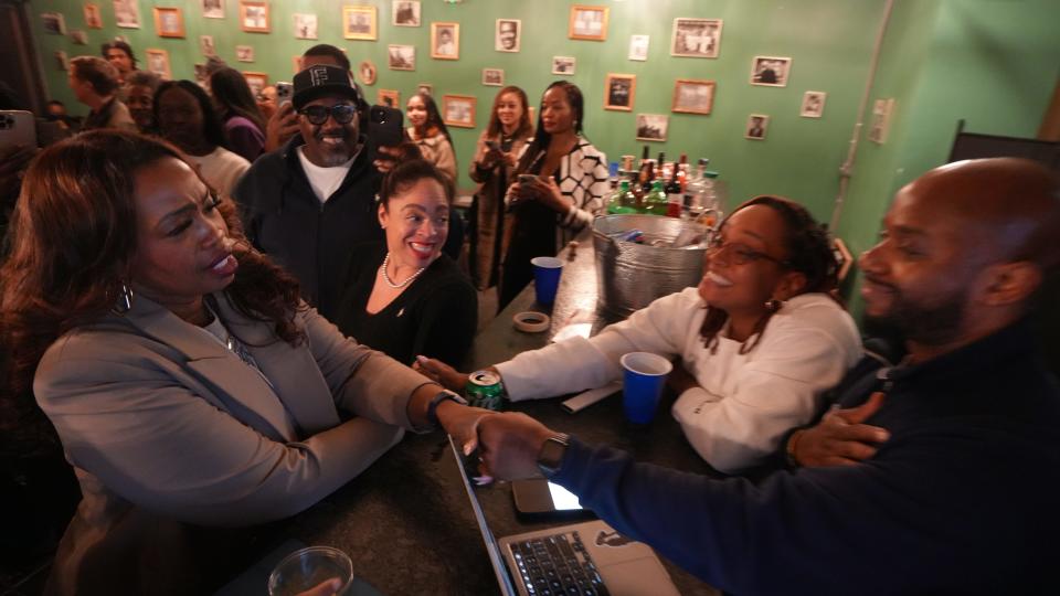 Columbus City Councilmember Shayla Favor offers a heartfelt thank you to Jennifer and Sean Walton with Neil Jurist in the background at her primary election night watch party on Tuesday, March 19, 2024, at the Ground X Grind event space on the Near East Side. Favor won the Democratic primary for Franklin County Prosecutor and will face Republican John Rutan in the Nov. 5 general election.