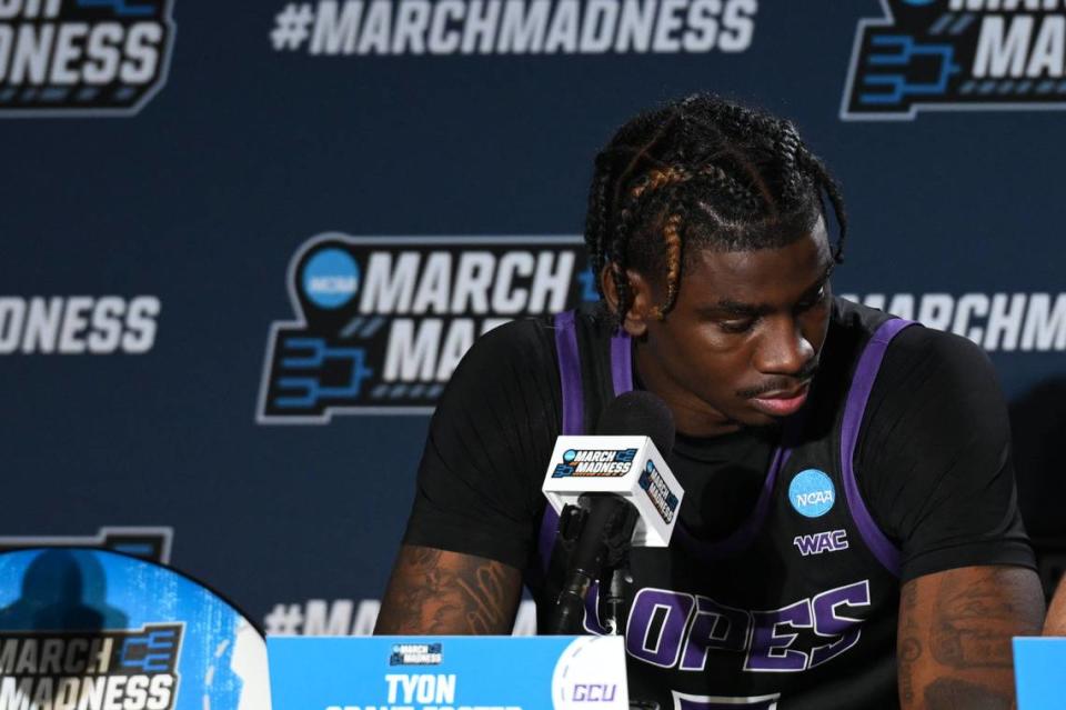 Grand Canyon Antelopes guard Tyon Grant-Foster talks the media after Sunday’s loss to the Alabama Crimson Tide at Spokane Veterans Memorial Arena.