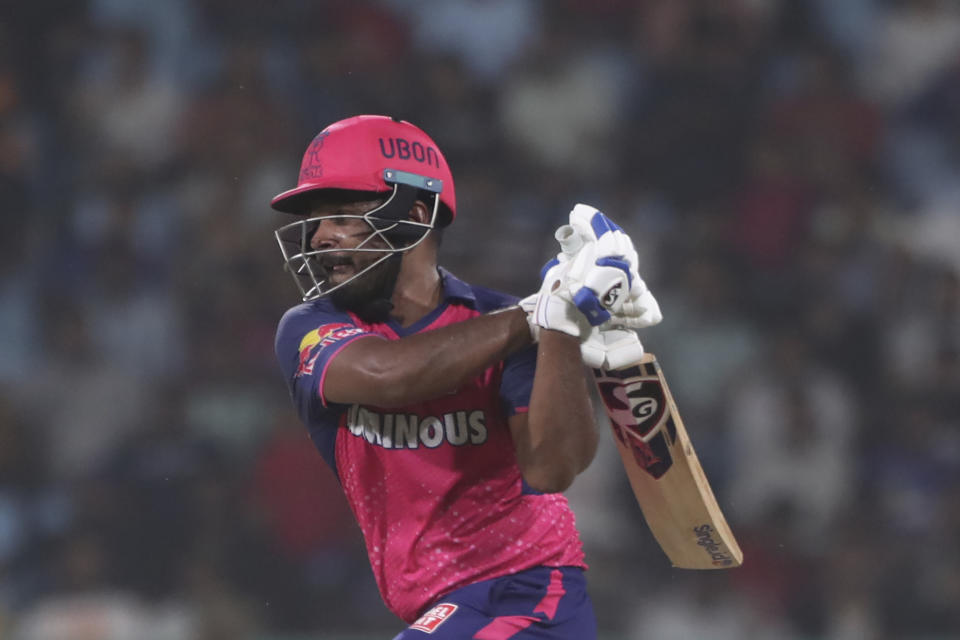 Rajasthan Royals' captain Sanju Samson plays a shot during the Indian Premier League cricket match between Rajasthan Royals and Lucknow Super Giants in Lucknow, India, Saturday, April 27, 2024. (AP Photo/Pankaj Nangia)