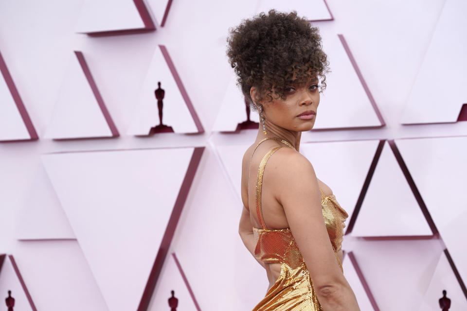 Andra Day arrives at the Oscars on Sunday, April 25, 2021, at Union Station in Los Angeles. (AP Photo/Chris Pizzello, Pool)