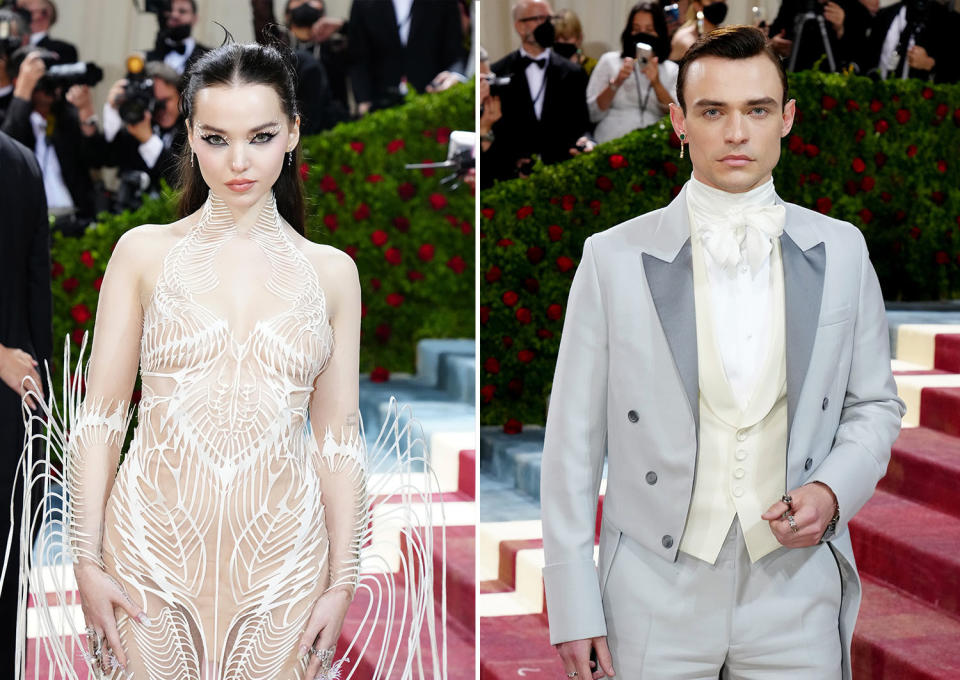 Dove Cameron in a winged dress; Thomas Doherty in a Gilded Age style tux