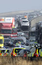 A general view of the scene on the London bound carriageway of the Sheppey Bridge Crossing near Sheerness in Kent following a multi vehicle collision earlier this morning.