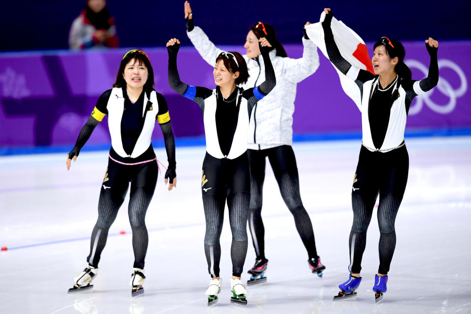 <p>Japan’s Ayano Sato, Nana Takagi, Ayaka Kikuchi, and Miho Takagi celebrate after winning the gold medal during the Speed Skating Ladies’ Team Pursuit Final A against the Netherlands on day 12 of the PyeongChang 2018 Winter Olympic Games, February 21, 2018. (Photo by Harry How/Getty Images) </p>