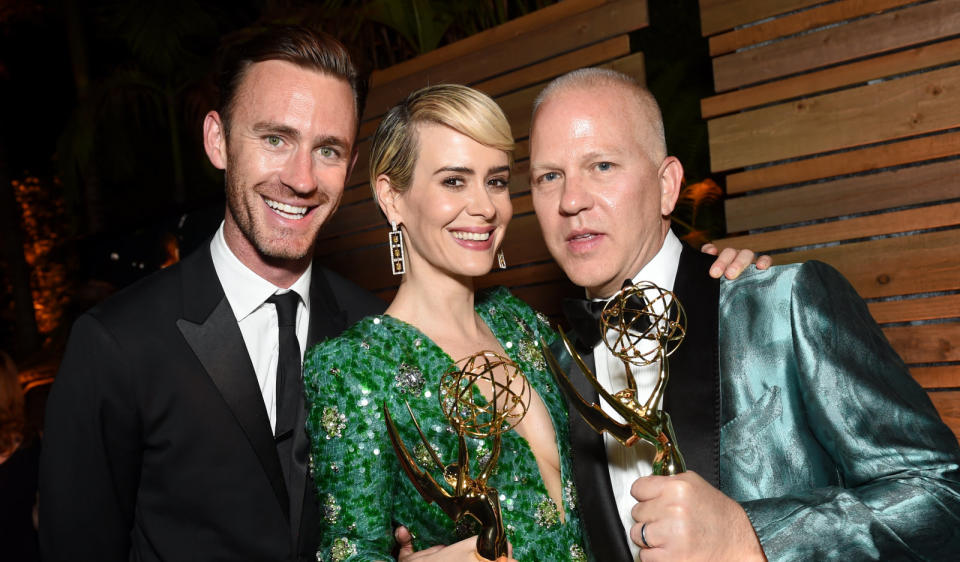 LOS ANGELES, CA - SEPTEMBER 18: Writer John Gray, actor Sarah Paulson and actor Ryan Murphy attends the FOX Broadcasting Company, FX, National Geographic And Twentieth Century Fox Television's 68th Primetime Emmy Awards after Party at Vibiana on September 18, 2016 in Los Angeles, California.  (Photo by Emma McIntyre/Getty Images)