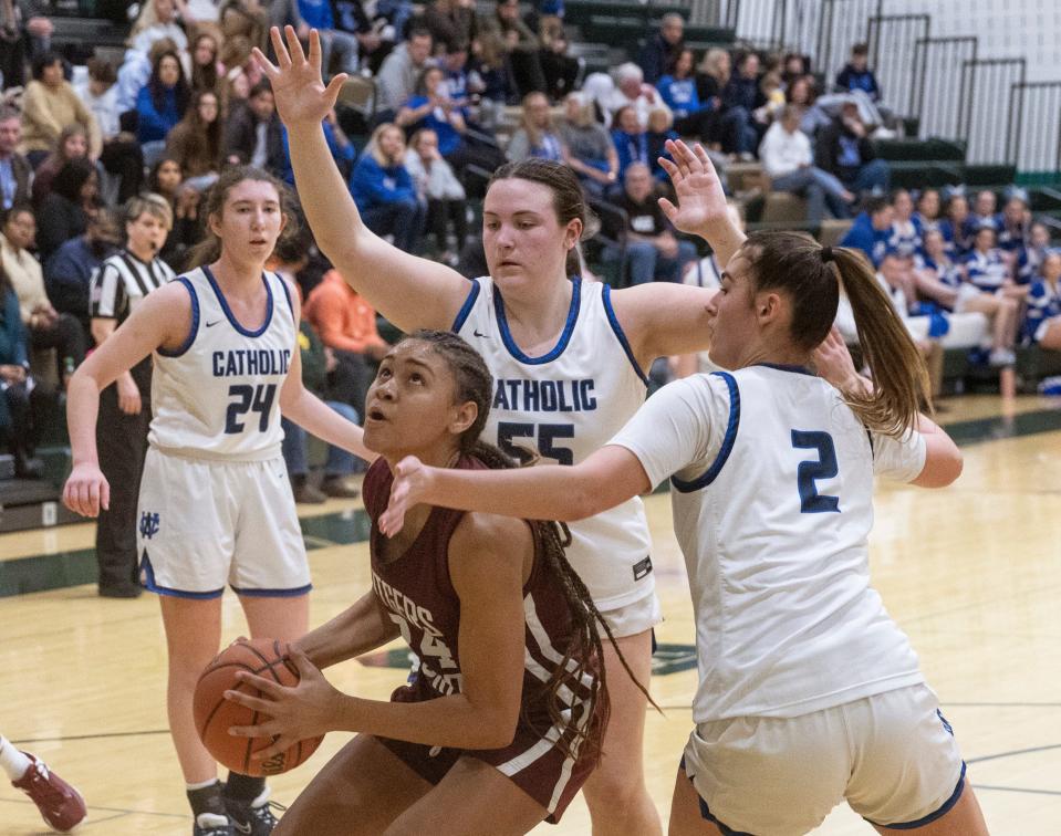 Rutgers Prep GiGi Battle shoots from under the basket. Rutgers Prep Girls Basketball defeats Wildwood Catholic for South Non-Public B Final on March 1, 2023 in Tabernacle, NJ