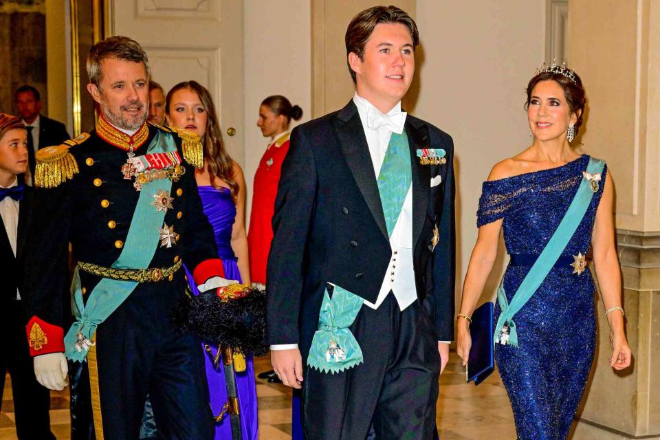 <p>Shutterstock</p> Prince Christian with parents Prince Frederik and Princess Mary at his 18th birthday gala on Oct. 15, 2023
