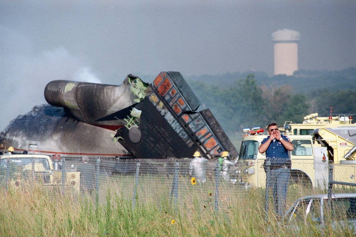 Aug. 31, 1988: The smoldering wreckage of Delta Flight 1141 on the day the Boeing 727 crashed during takeoff at Dallas-Fort Worth International Airport.