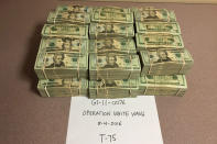 This photo provided by the U.S. Drug Enforcement Administration shows U.S. currency confiscated in "Operation White Wash" in 2016. The long-running overseas investigation resulted in more than 100 arrests and the seizure of more than $100 million and more than a ton of cocaine. (DEA via AP)