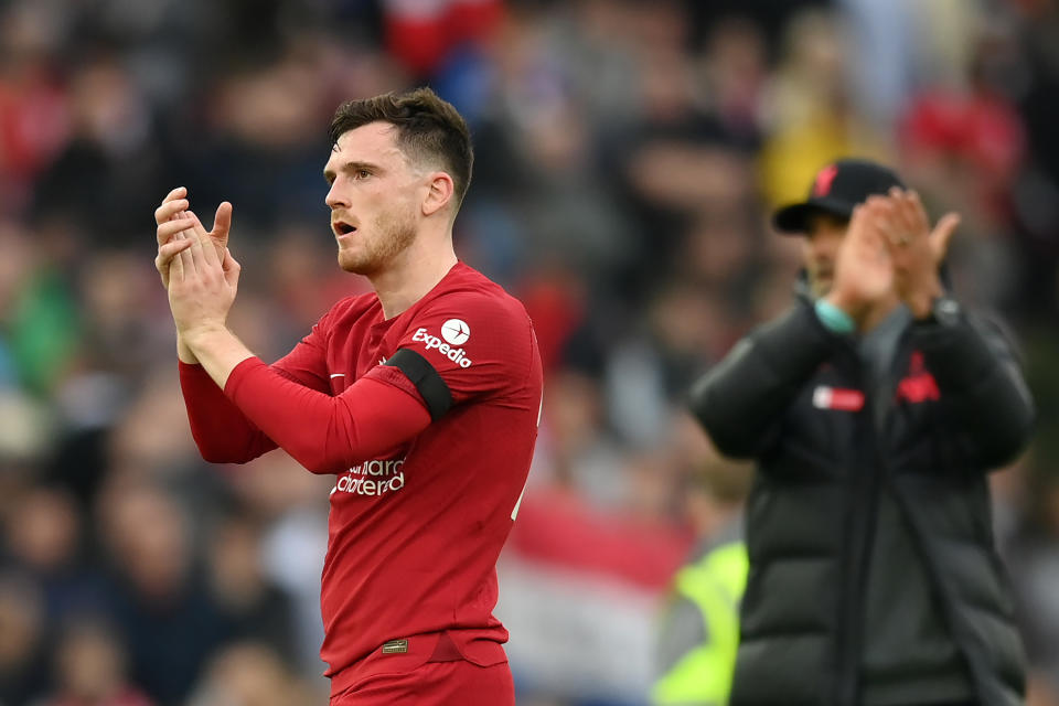 LIVERPOOL, ENGLAND - APRIL 09: Andrew Robertson of Liverpool applauds the fans after the Premier League match between Liverpool FC and Arsenal FC at Anfield on April 09, 2023 in Liverpool, England. (Photo by Shaun Botterill/Getty Images)