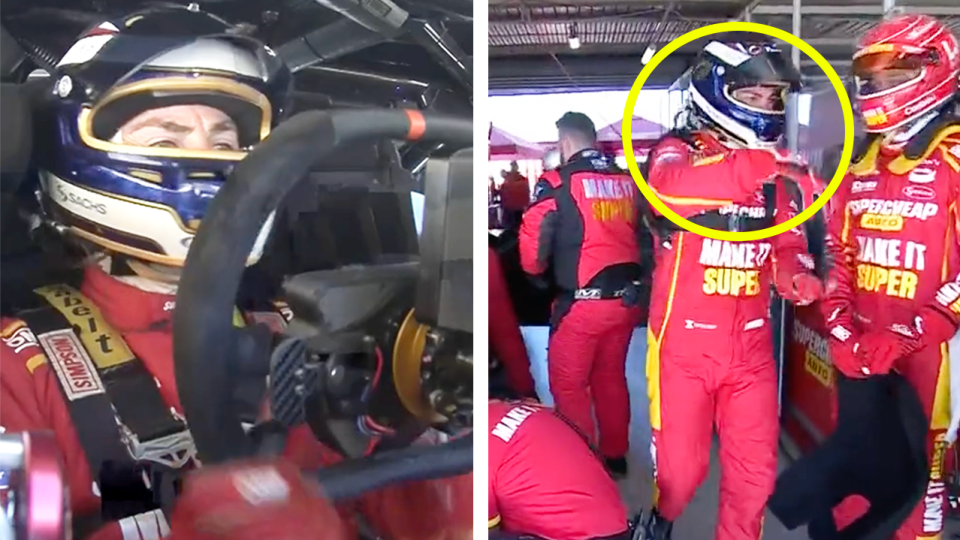 Bathurst 1000 legend Craig Lowndes (pictured) was forced to make a pit stop after a gear box failure. (Images: Channel 7)