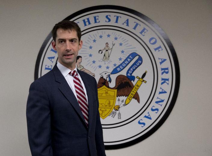 Sen. Tom Cotton, R-Ark. arrives to pose for photographers in his office on Capitol Hill in Washington, Wednesday, March 11, 2015. The rookie Republican senator leading the effort to torpedo an agreement with Iran is an Army veteran with a Harvard law degree who has a full record of tough rhetoric against President Barack Obama&#39;s foreign policy. (Carolyn Kaster/AP Photo)