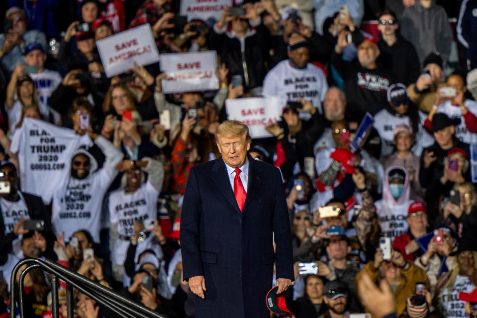 Former President Donald Trump arrives during the &quot;Save America&quot; rally at the Montgomery County Fairgrounds on Jan. 29 in Conroe, Texas