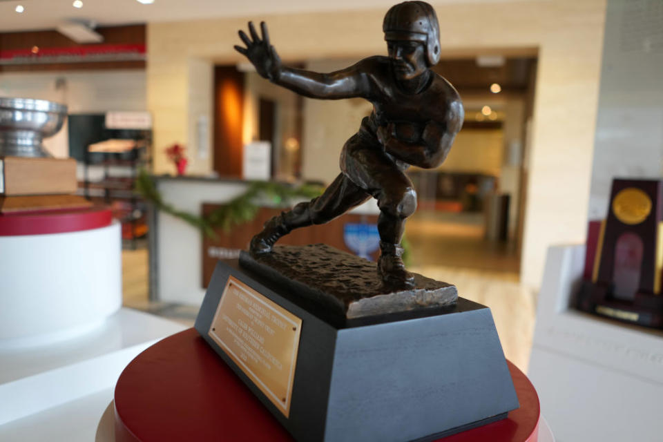 LOS ANGELES, CALIFORNIA - DECEMBER 20: The 2022 Heisman Trophy awarded to Southern California Trojans quarterback Caleb Williams at Heritage Hallon December 20, 2023 in Los Angeles, California. (Photo by Kirby Lee/Getty Images)