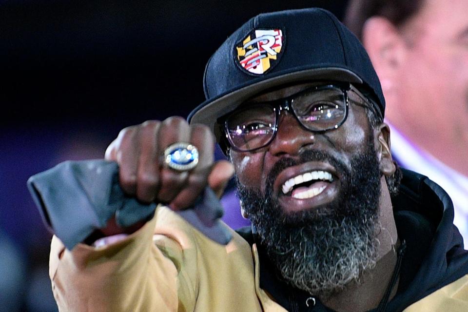 FILE - In this Nov. 3, 2019, file photo, former Baltimore Ravens safety Ed Reed displays his Pro Football Hall of Fame ring during a halftime ceremony at an NFL football game between the Ravens and the New England Patriots in Baltimore. The Ed Reed Foundation announced on social media Saturday, Jan. 21, 2023, that Bethune-Cookman declined to ratify Reed's contract and "won't make good on the agreement we had in principle, which had provisions and resources best needed to support the student athletes."  (AP Photo/Nick Wass, File)