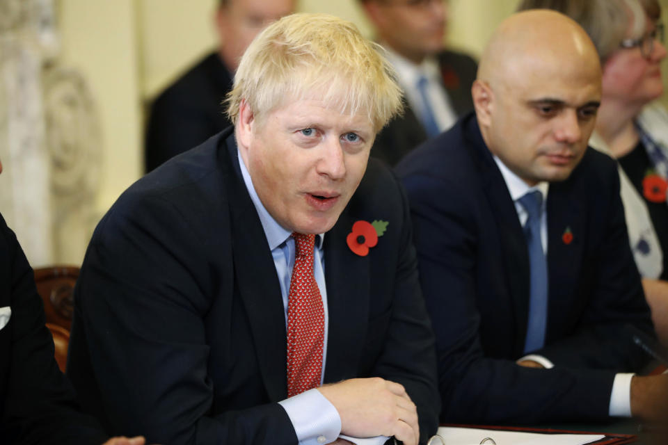 Britain's Prime Minister Boris Johnson holds a meeting of the cabinet, inside number 10 Downing Street, in central London, Tuesday, Nov. 5, 2019. (Tolga Akmen/Pool Photo via AP)