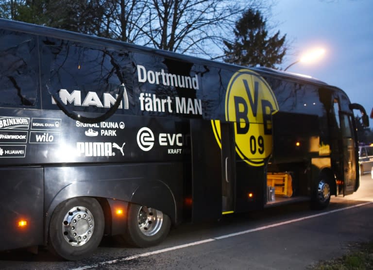 Borussia Dortmund's damaged bus is seen after an explosion some 10km away from the stadium prior to their Champions League match against Monaco, in Dortmund, on April 11, 2017