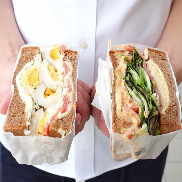 Craving a good sando? Try ordering Sunbather Coffee's Ajitsuke Tamago Sando (left) or Maple Peanut Chicken sando (right) — Picture from Sunbather Coffee's Facebook