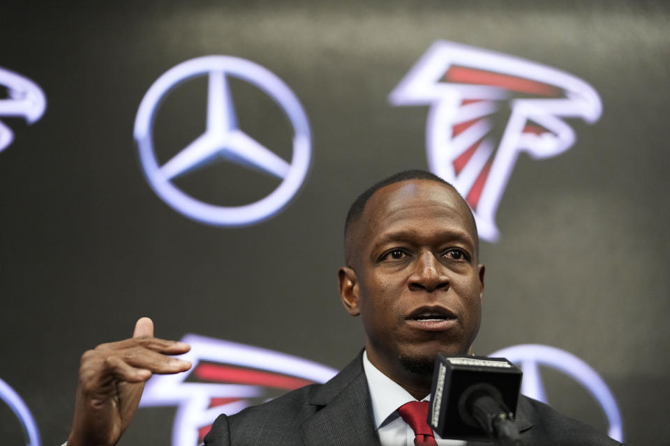 Atlanta Falcons head coach Raheem Morris speaks during an NFL football news conference, Monday, Feb. 5, 2024, in Atlanta. (AP Photo/Brynn Anderson)