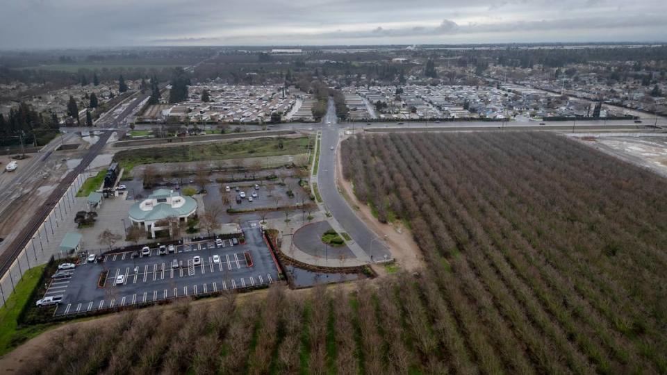Looking south from the Modesto Amtrak Station at some of the property in the Crossings housing development off of Briggsmore Avenue in Modesto, Calif., Wednesday, Jan. 24, 2024.