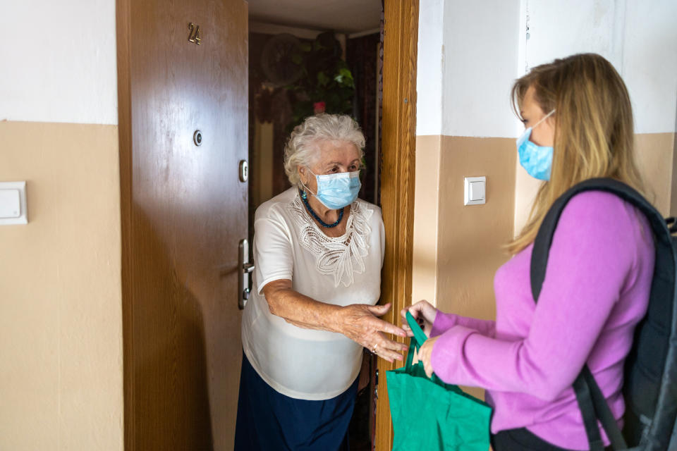 Young woman delivering groceries to her elderly grandmother