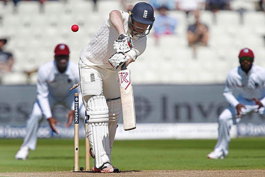 Short stay | Mark Stoneman makes just eight on his Test debut against West Indies at Edgbaston as he is bowled by Kemar Roach: Rex Features