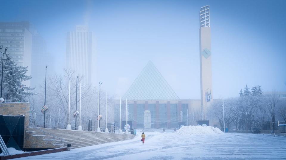 An icy look at downtown Edmonton as an extreme cold snap continued Friday, January 12, 2024. 