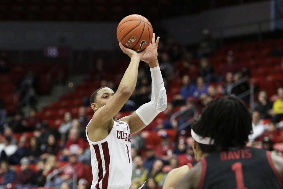 Washington State guard Jervae Robinson (1) shoots during the second half of an NCAA college basketball game against Stanford in Pullman, Wash., Sunday, Feb. 23, 2020. Stanford won 75-57. (AP Photo/Young Kwak)