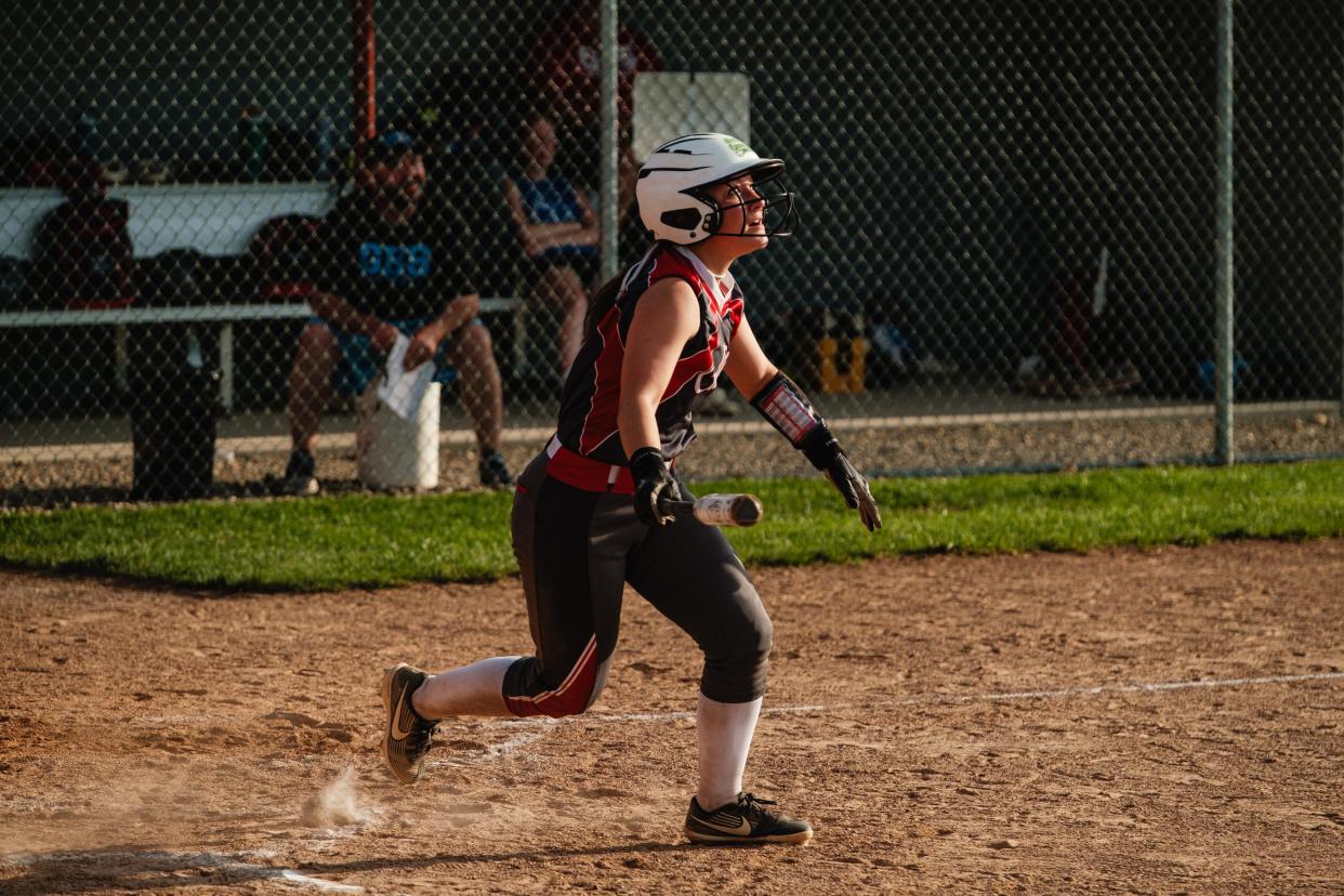 Sandy Valley's Nadia Douglass follows through on a hit during a game against Garaway, Monday, April 29 at Sandy Valley Local Schools.