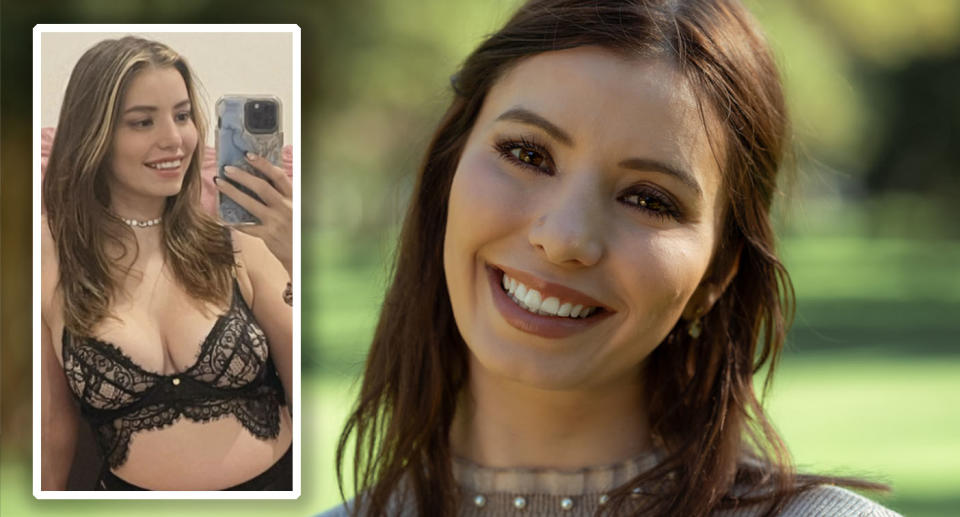 A brunette woman smiling and an inset of her taking a photograph in a mirror with her phone.