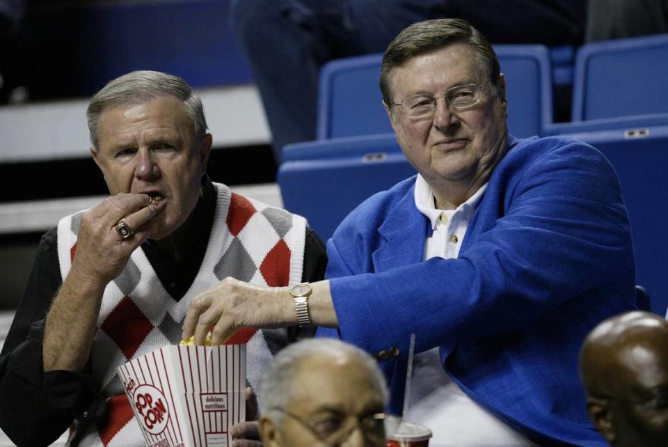 Three years after his original photo of Joe B. Hall and Denny Crum sharing popcorn in Rupp Arena at the Boys’ Sweet Sixteen, photographer David Stephenson replicated the shot. Seeing the former coaching archrivals turned friends together “wasn’t as big a surprise” as in the original photo. “The surprise had worn off, so it wasn’t as special,” Stephenson says.