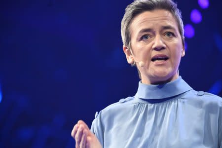 FILE PHOTO: European Union's Competition Commissioner Margrethe Vestager speaks at the opening of the Slush 2018 start-up and technology event, where start-ups and tech talent meet with top-tier international investors, in Helsinki, Finland, December 4, 2018. Lehtikuva/Heikki Saukkomaa via REUTERS.