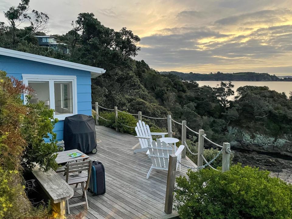 The tiny house was tucked into the cliffside of Waiheke Island.