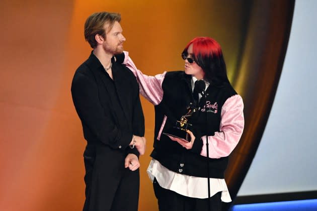 US singer-songwriter Billie Eilish (R) and US singer-songwriter Finneas O'Connell accept the Song Of The Year award for "What Was I Made For?" on stage during the 66th Annual Grammy Awards at the Crypto.com Arena in Los Angeles on February 4, 2024.  - Credit: Valerie Macon/AFP/Getty Images
