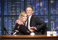 <p>It wasn’t Saturday night and it sure wasn’t 2007, but Poehler and Meyers reprised the “Really!?! With Seth and Amy” bit from their days as co-hosts of <i>Saturday Night Live</i>’s “Weekend Update” on his <i>Late Night with Seth Meyers</i>. (Photo: Lloyd Bishop/NBC/NBCU Photo Bank via Getty Images) </p>