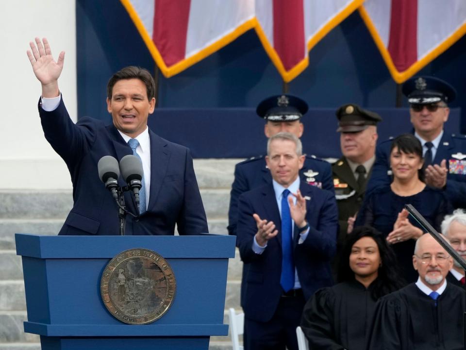 Florida Gov. Ron DeSantis waves after being sworn in for his second term during an inauguration ceremony at the Old Capitol, Tuesday, January 3, 2023, in Tallahassee, Florida.