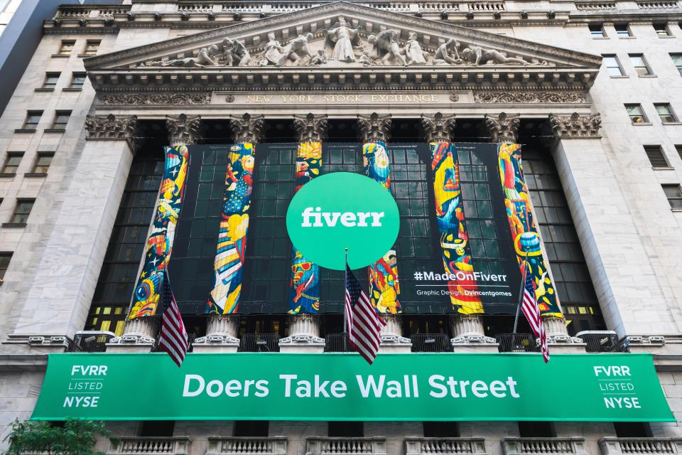 A banner celebrating Fiverr's June IPO at the New York Stock Exchange.